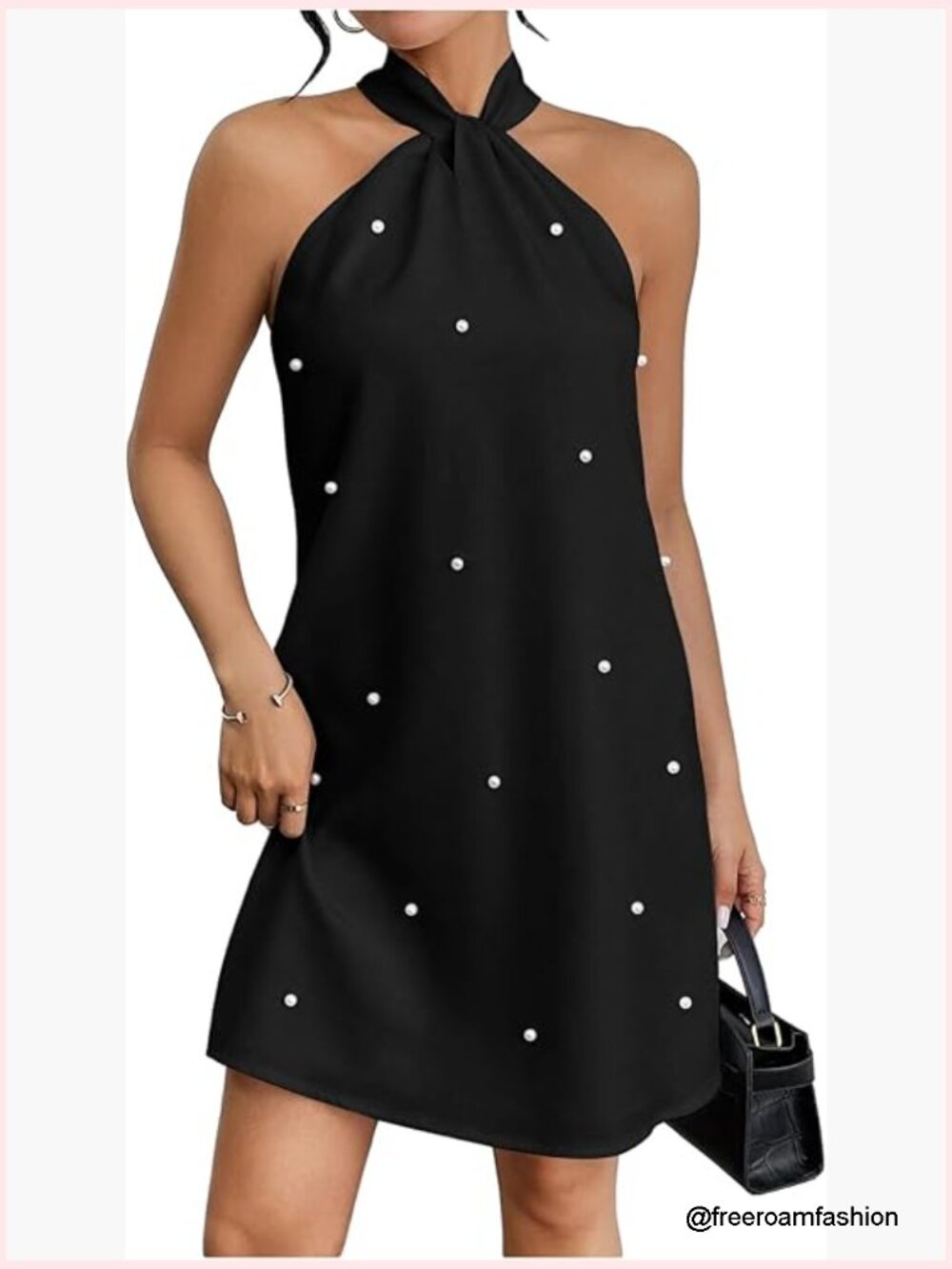 Pearl Beaded Halter Tie Back A-Line Dress Sleeveless Wedding Guest